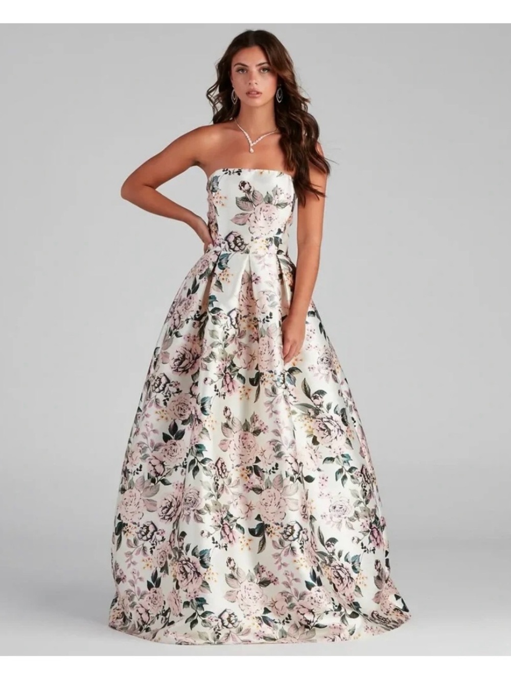 Elegant Strapless Floral Ball Gown Dress - Pink/Green by Windsor